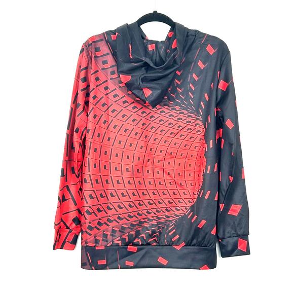 Graphic Hoodie Mens XLarge Red Black Abstract Print Pullover Hooded Sweatshirt - Picture 7 of 9